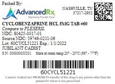 Cyclobenzaprine HCl 5mg Tab Qty 60 Ndc 80425 0017